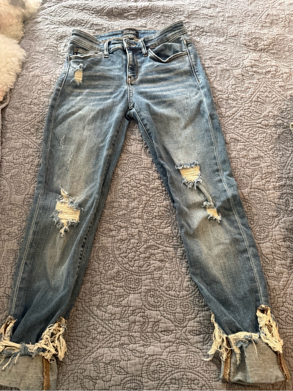 Judy Blue Distressed Light Blue Ankle Jeans with Frayed Cuffs